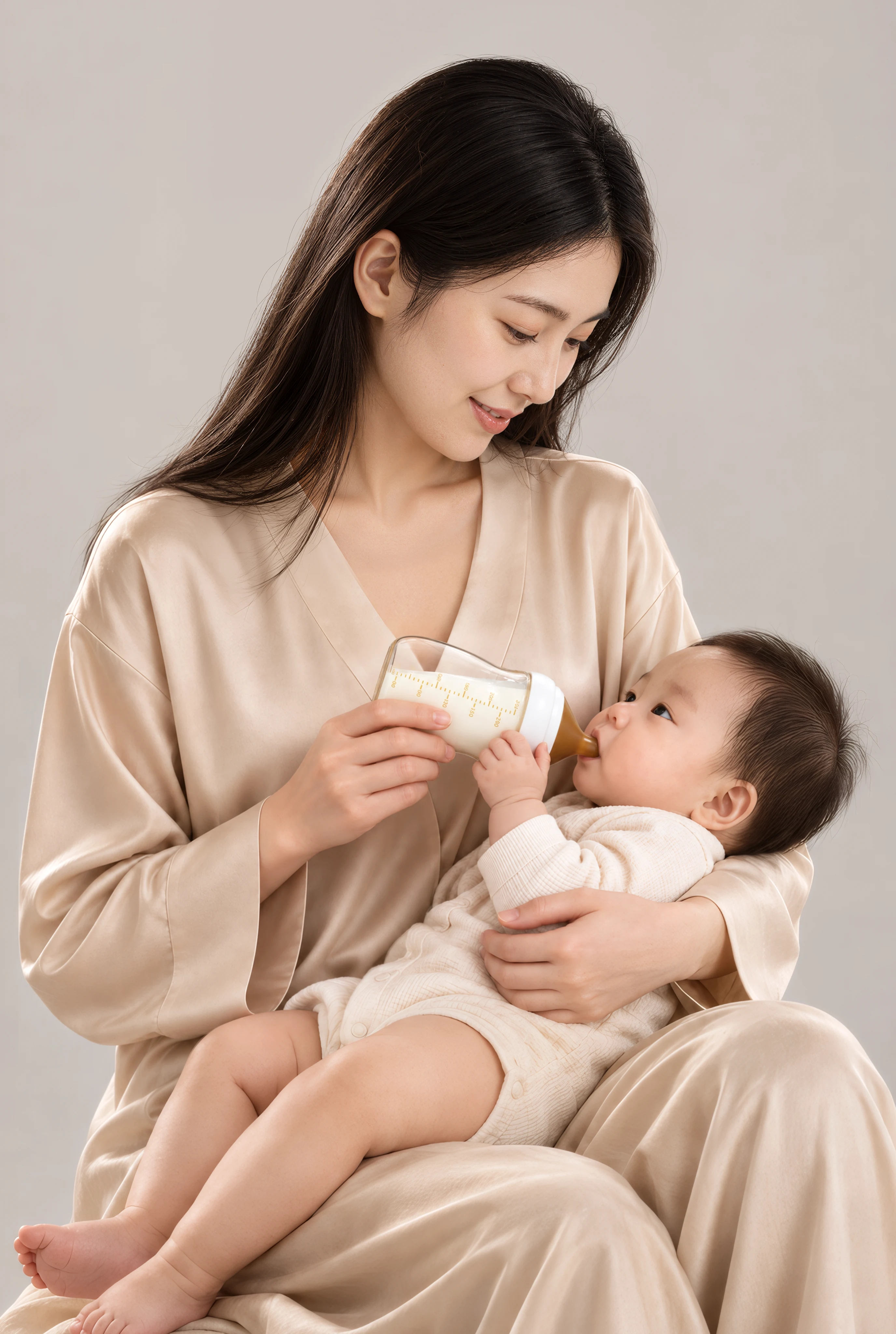母亲抱着婴儿用奶瓶喂奶的温柔肖像