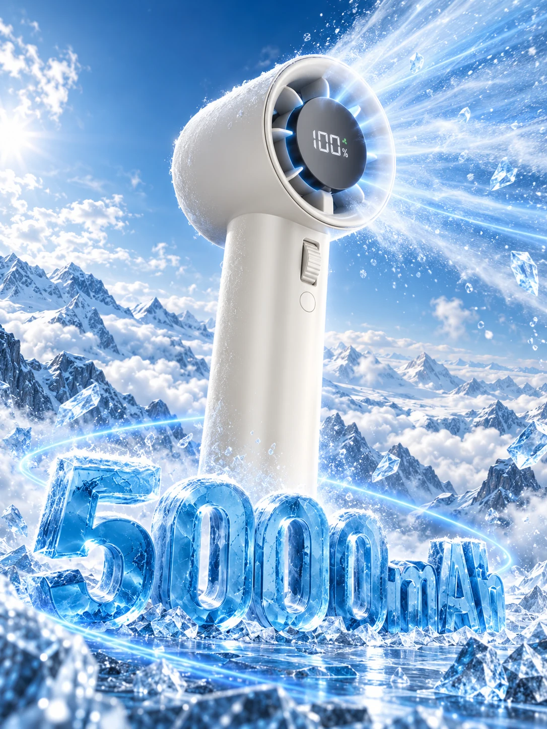 手持风扇、冰川雪山与 5000mAh 字样的最终海报